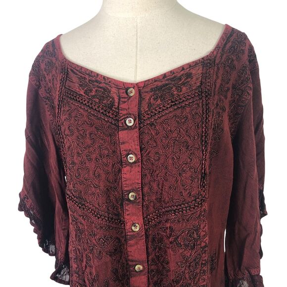 Himalayan Boho Tunic Top Burgundy Black Soutache Lace Embroidery - Picture 3 of 11